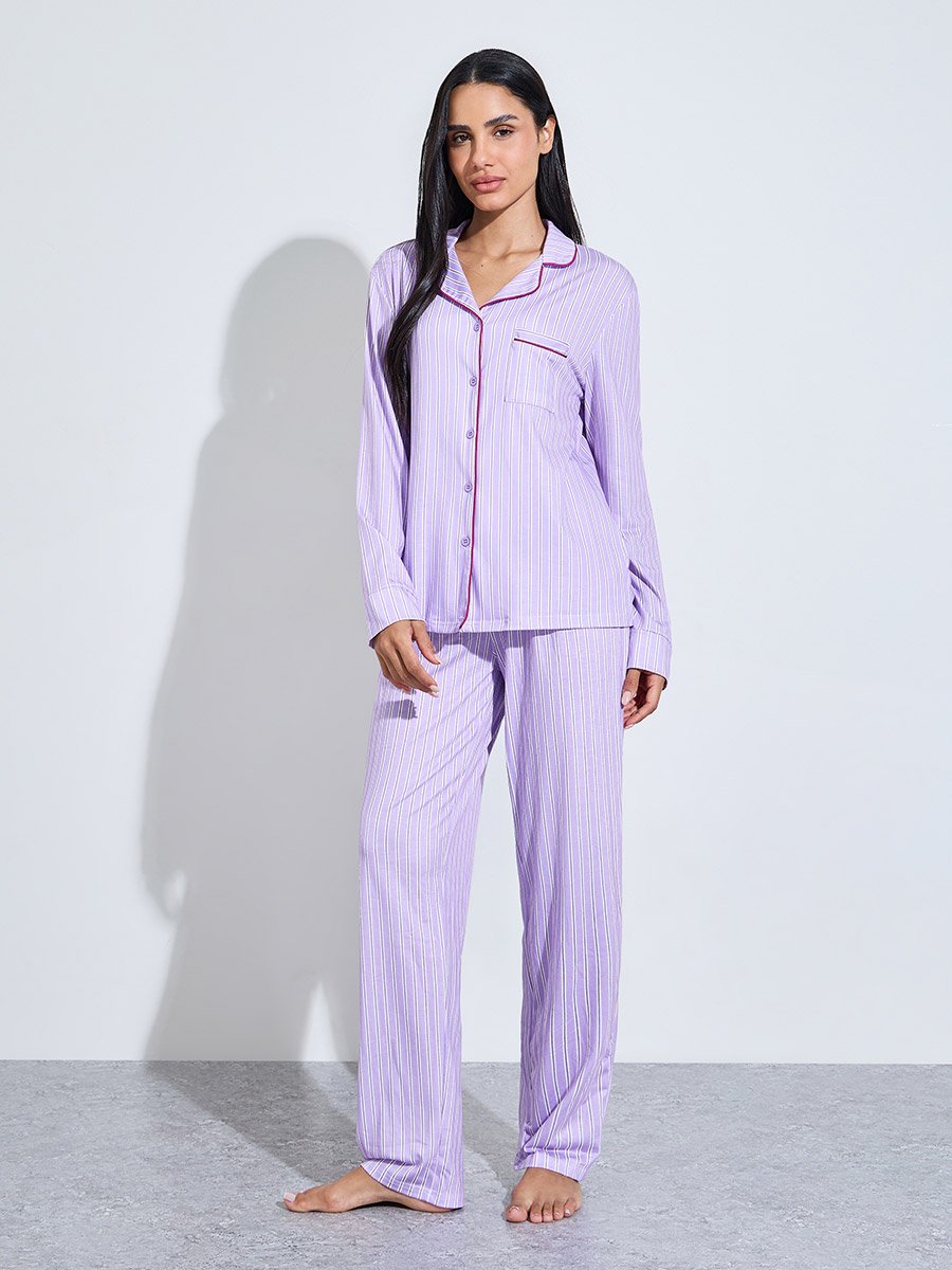 Lilac Striped Contrast Trims Shirt and Wide Leg Pants Pyjama Set