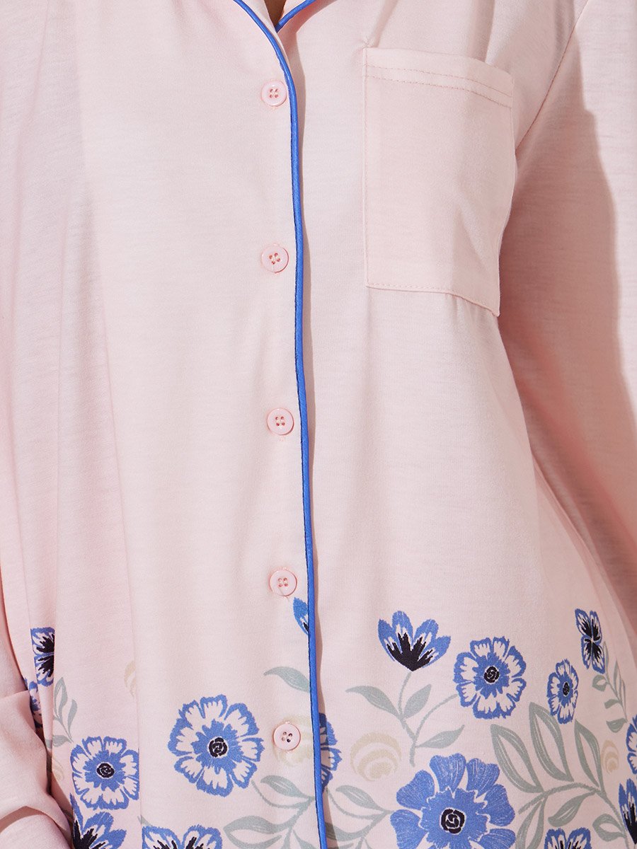 Pink Floral Border Print Piped Collar Shirt and Wide Leg Pyjama Set