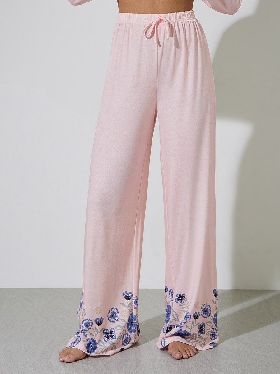Pink Floral Border Print Piped Collar Shirt and Wide Leg Pyjama Set