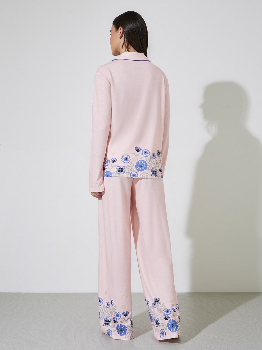 Pink Floral Border Print Piped Collar Shirt and Wide Leg Pyjama Set