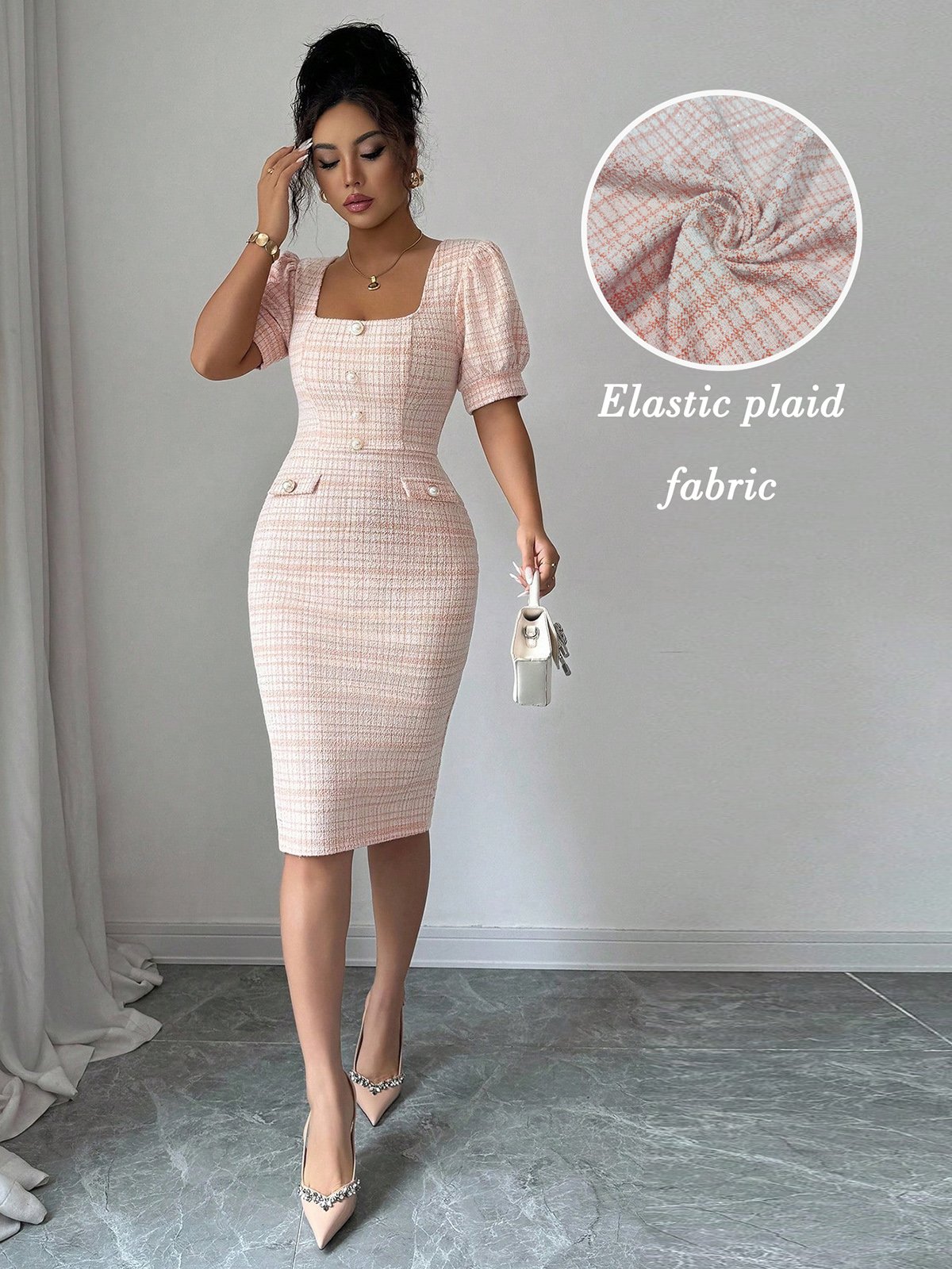 Pink Plaid Bodycon Midi Dress with Puff Sleeves For Women at Kuwait