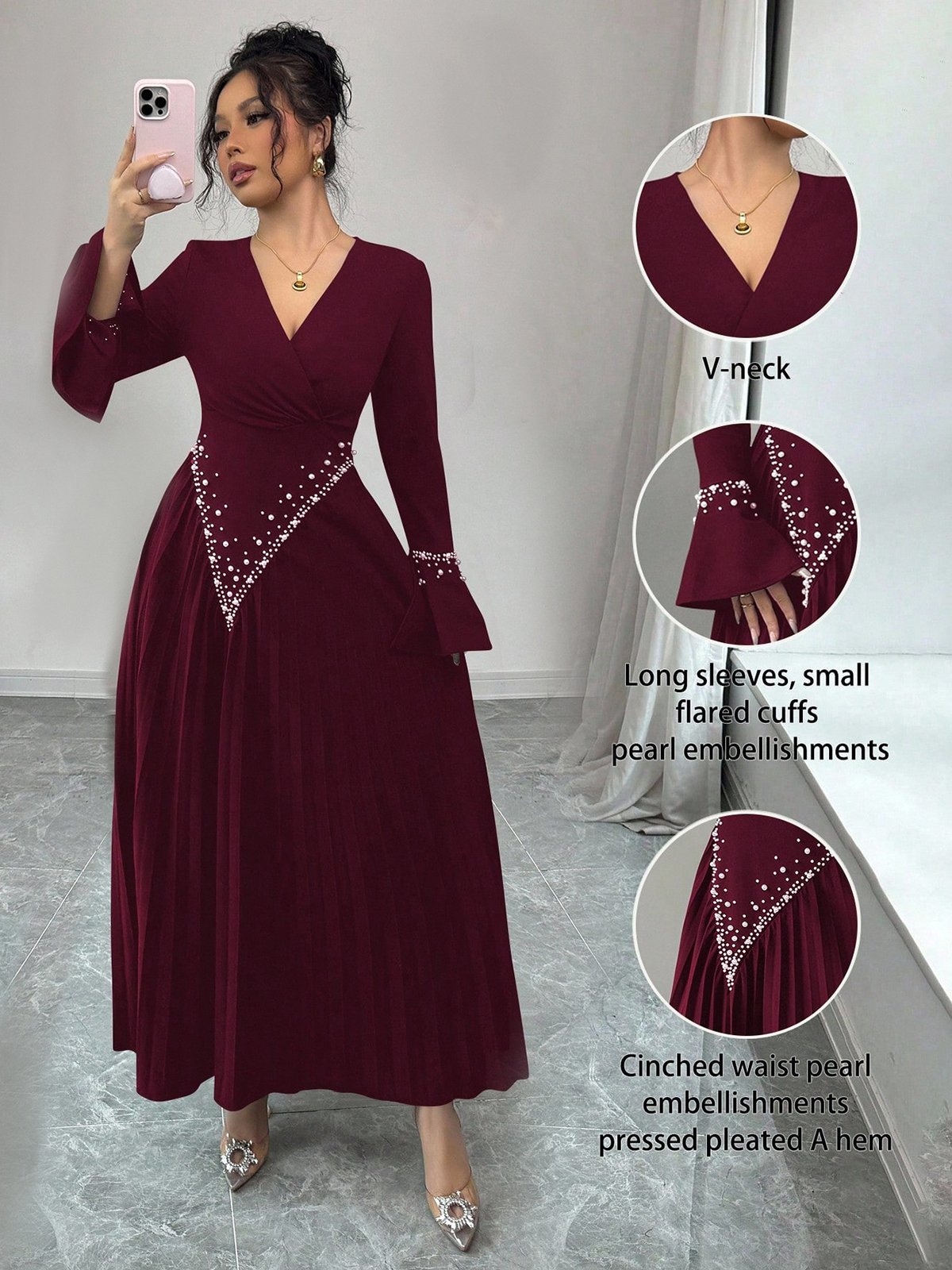 Burgundy Embellished Pleated Long Sleeve A-Line Maxi Dress