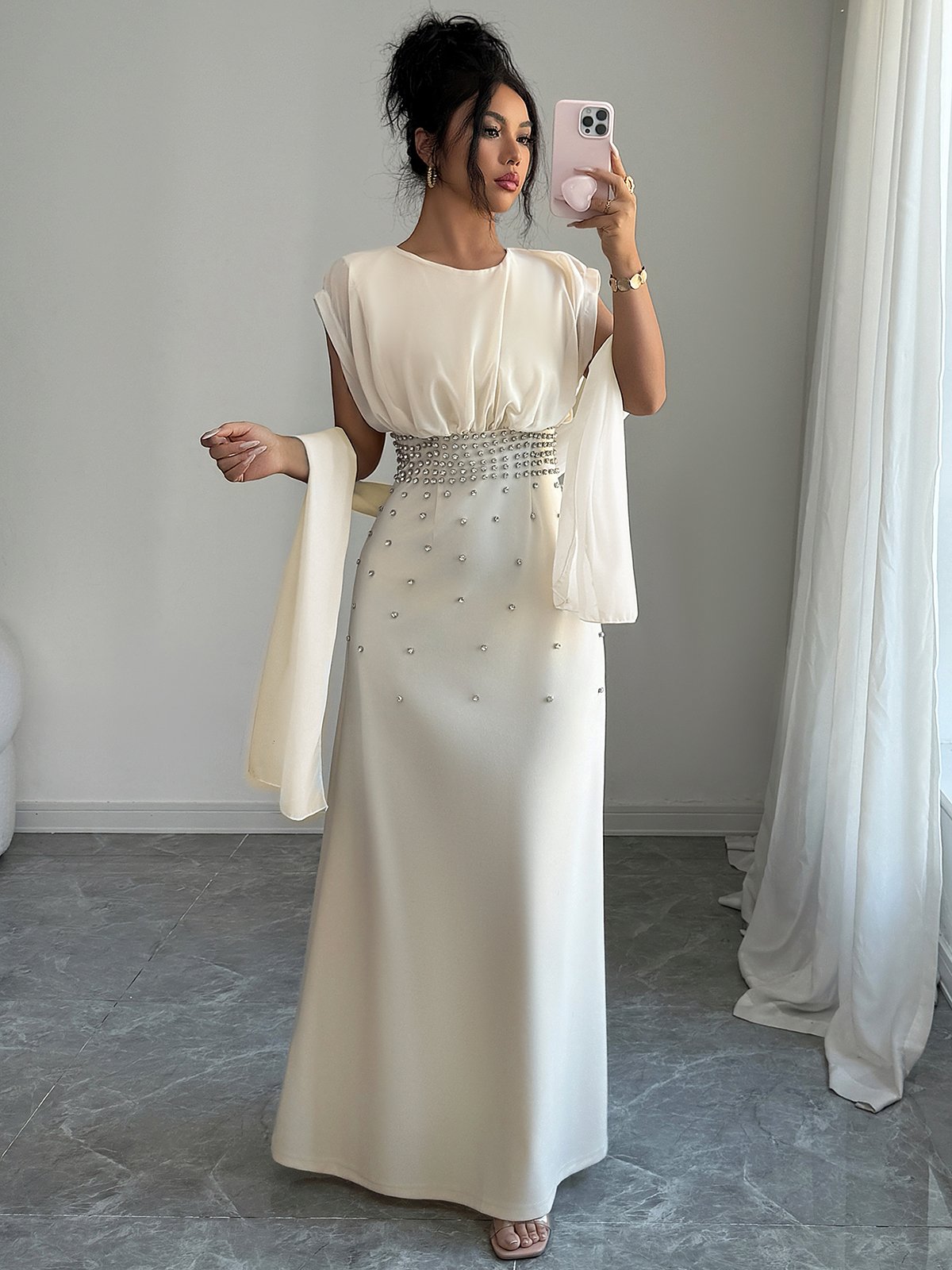 Beige A-Line Maxi Dress with Embellished Waist