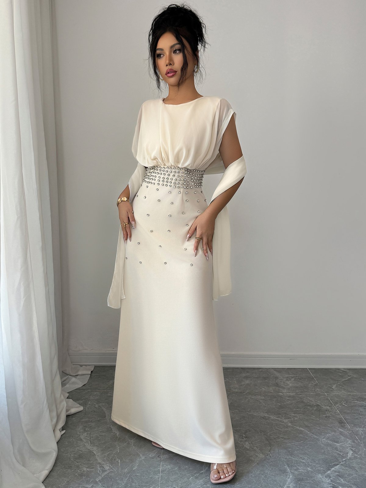 Beige A-Line Maxi Dress with Embellished Waist