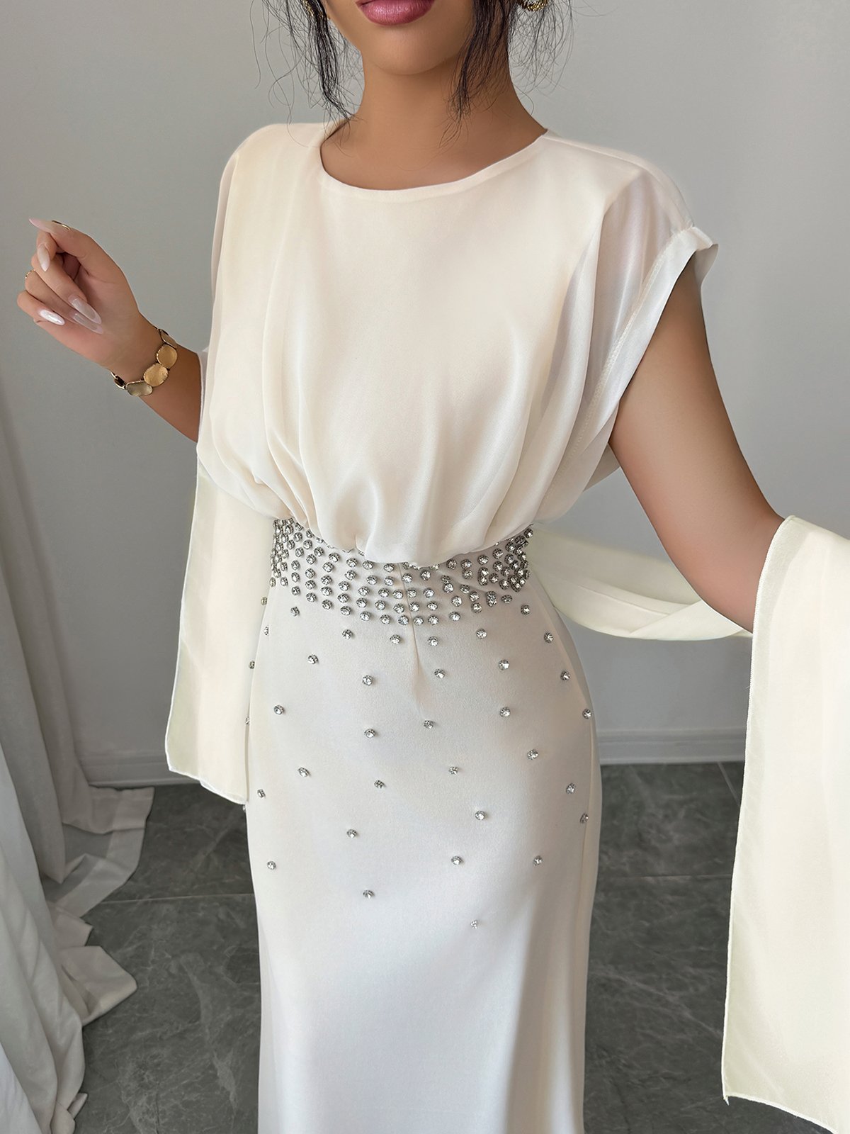 Beige A-Line Maxi Dress with Embellished Waist