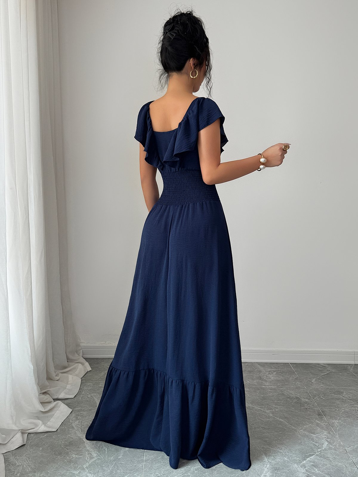 Navy Blue Maxi Dress with Ruffle Sleeves and Shirred Waist