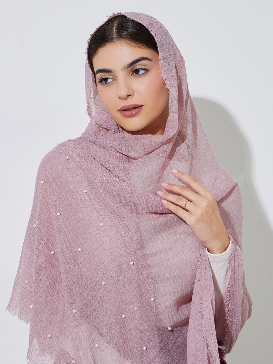 Pink Studded Pearls Hijab with Frayed Edge