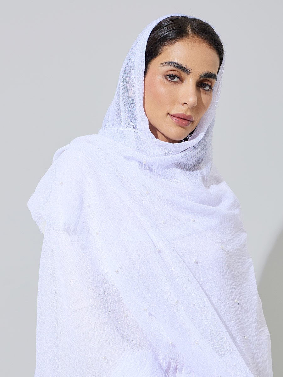 White Studded Pearls Hijab with Frayed Edge