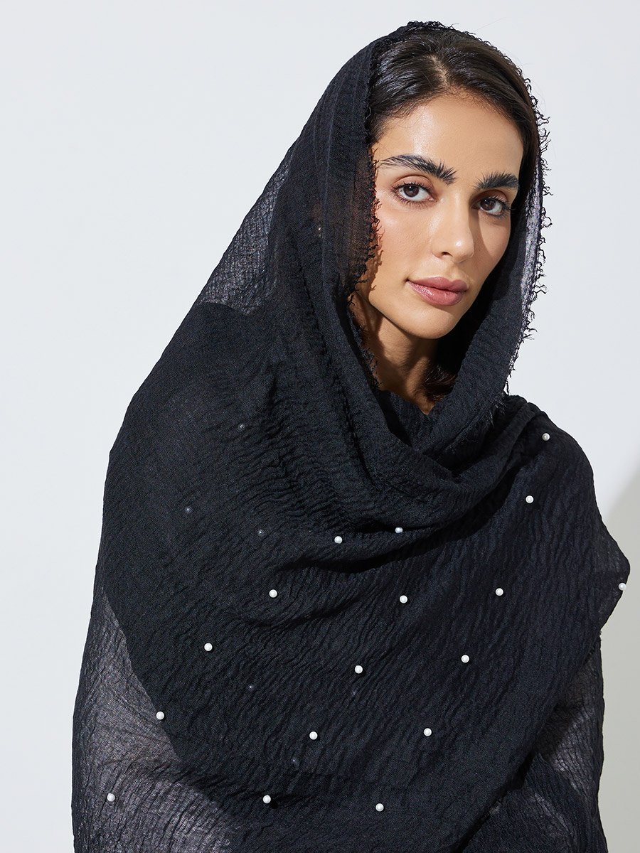 Black Studded Pearl Hijab with Frayed Edge