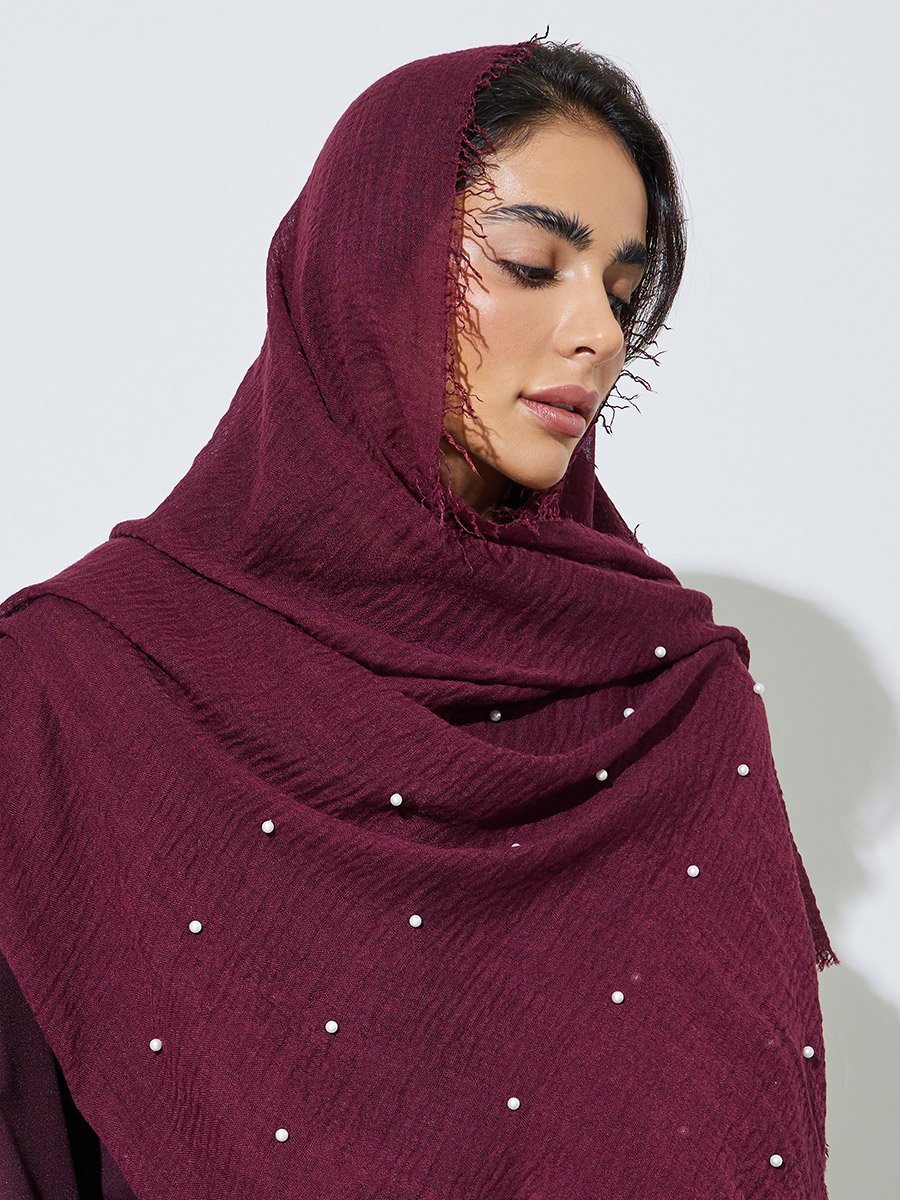 Burgundy Studded Pearl Hijab with Frayed Edge