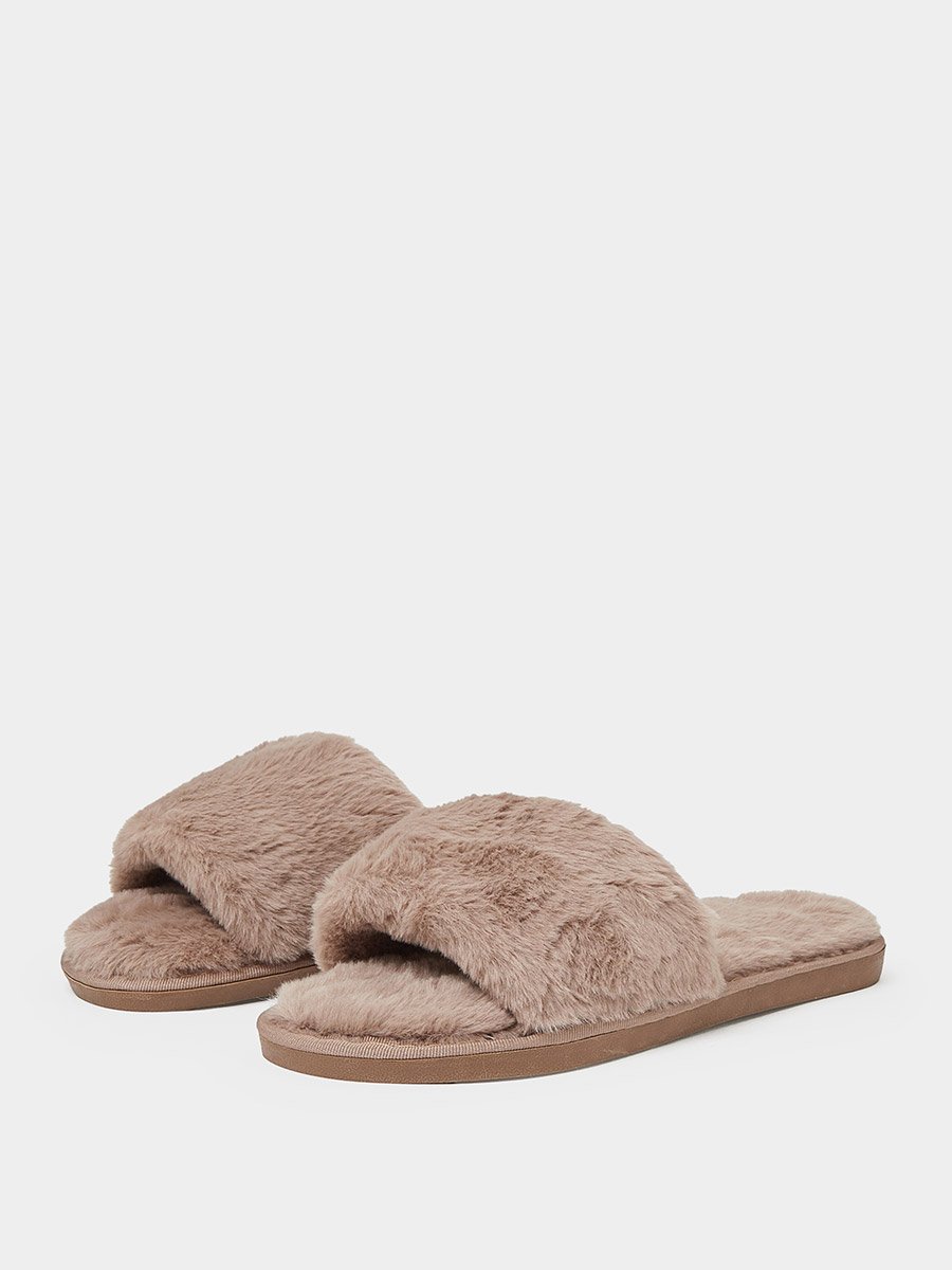 Brown Plush Faux Fur Bedroom Slippers
