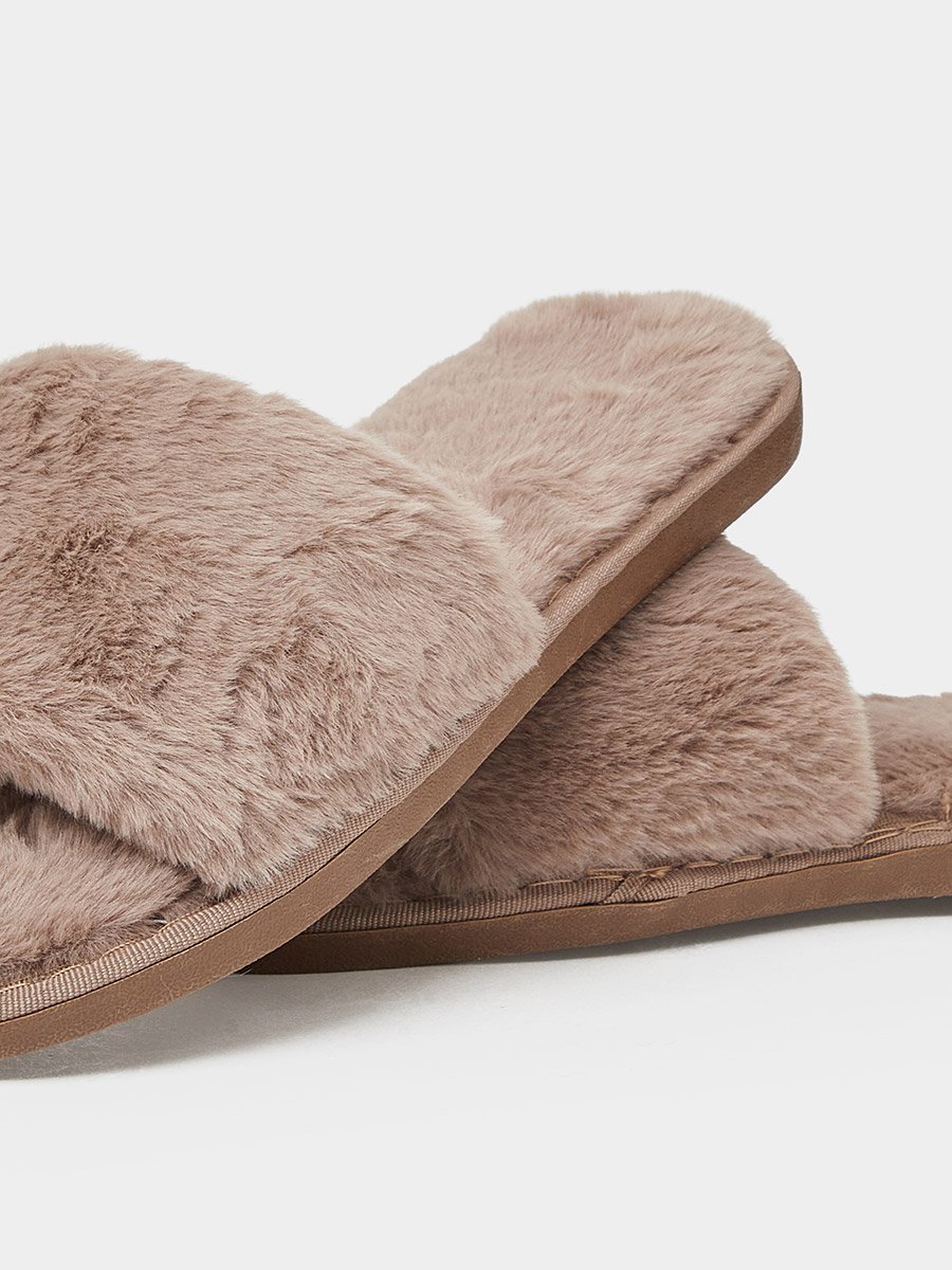 Brown Plush Faux Fur Bedroom Slippers