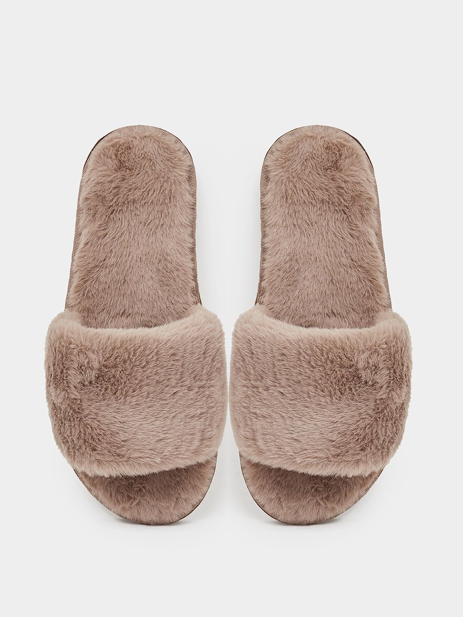 Brown Plush Faux Fur Bedroom Slippers