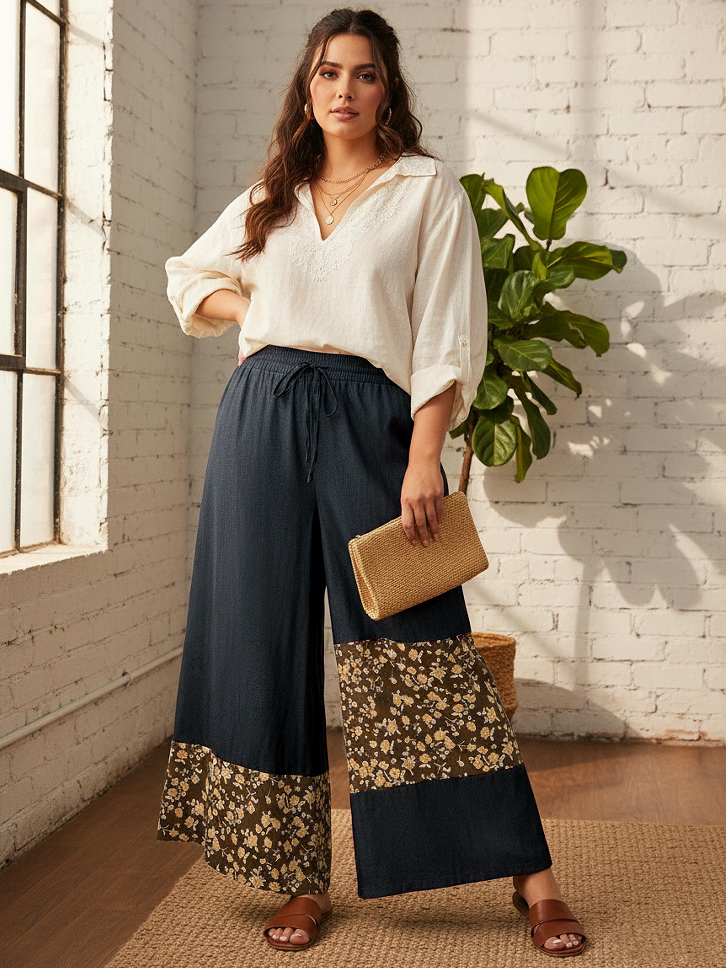 Plus Size Black Floral Patchwork Wide-Leg Trousers