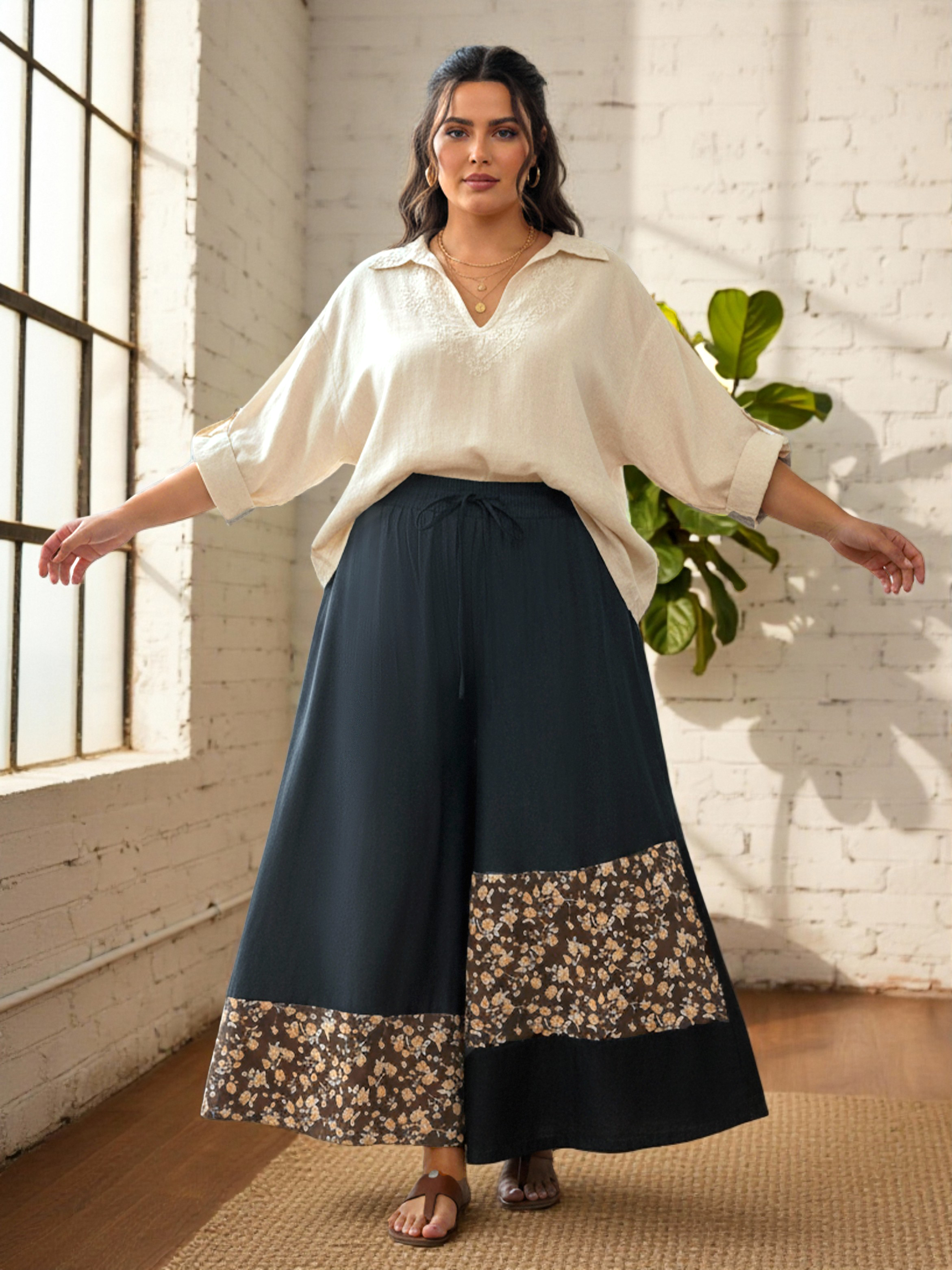Plus Size Black Floral Patchwork Wide-Leg Trousers