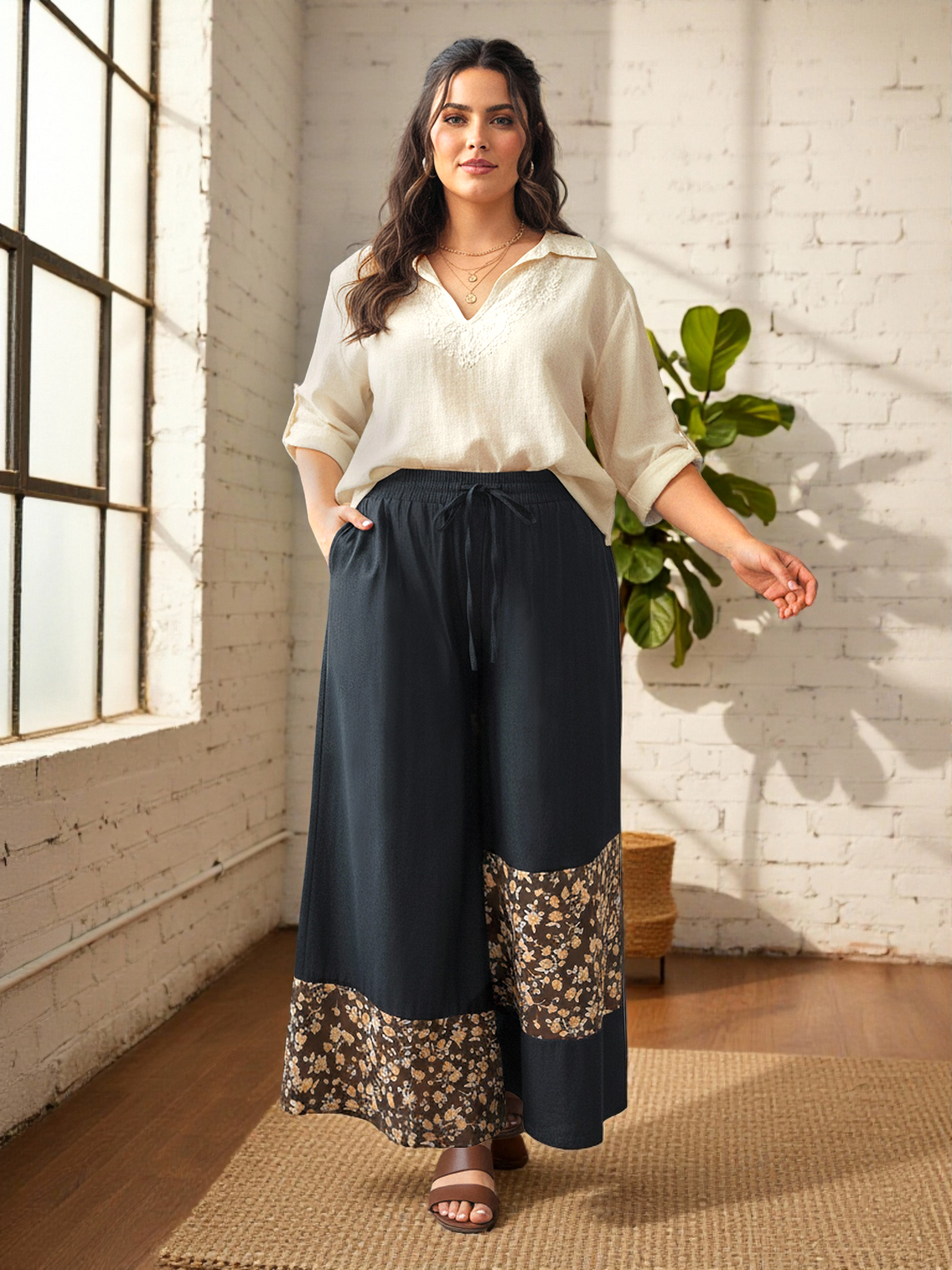 Plus Size Black Floral Patchwork Wide-Leg Trousers