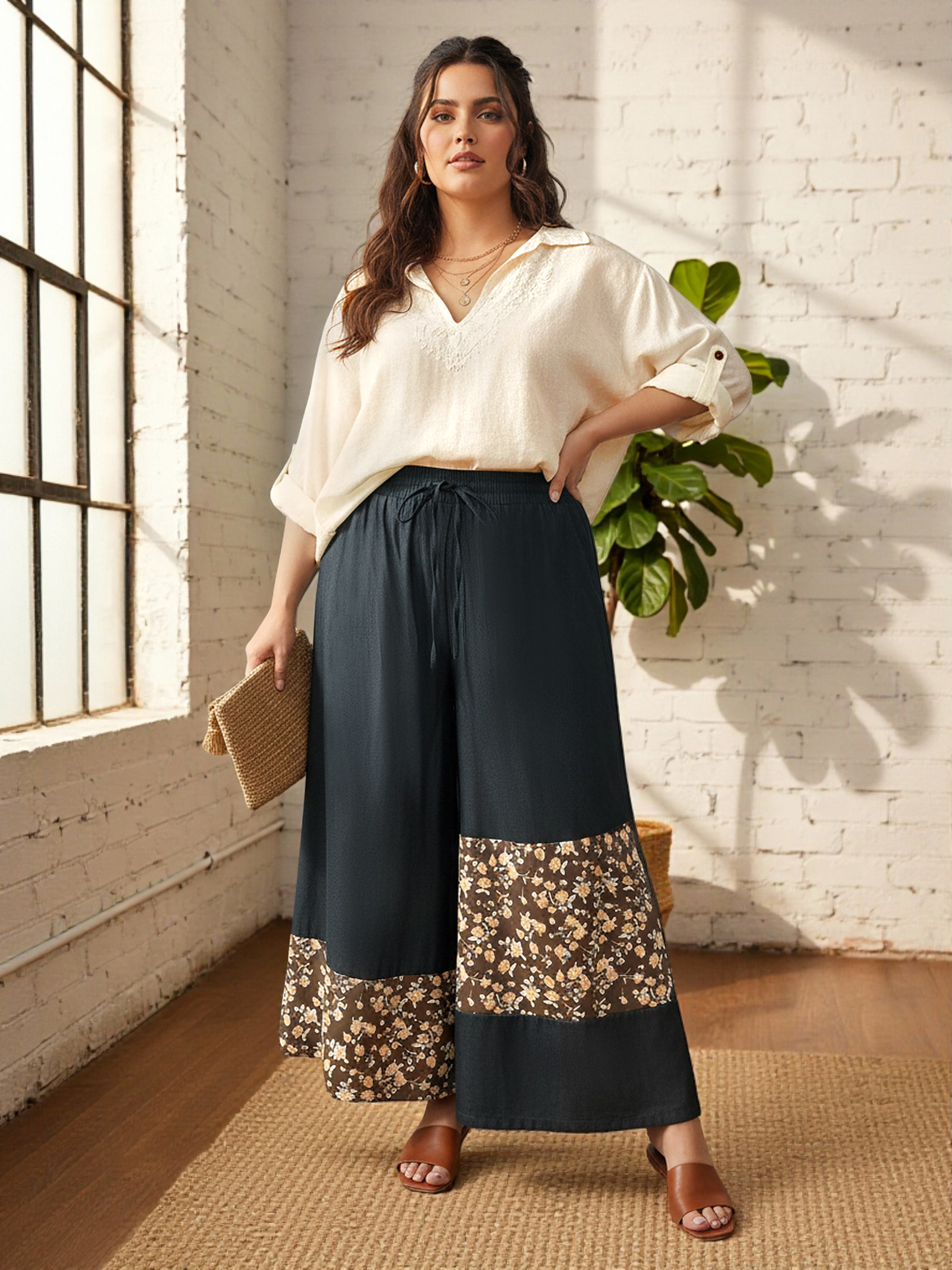 Plus Size Black Floral Patchwork Wide-Leg Trousers