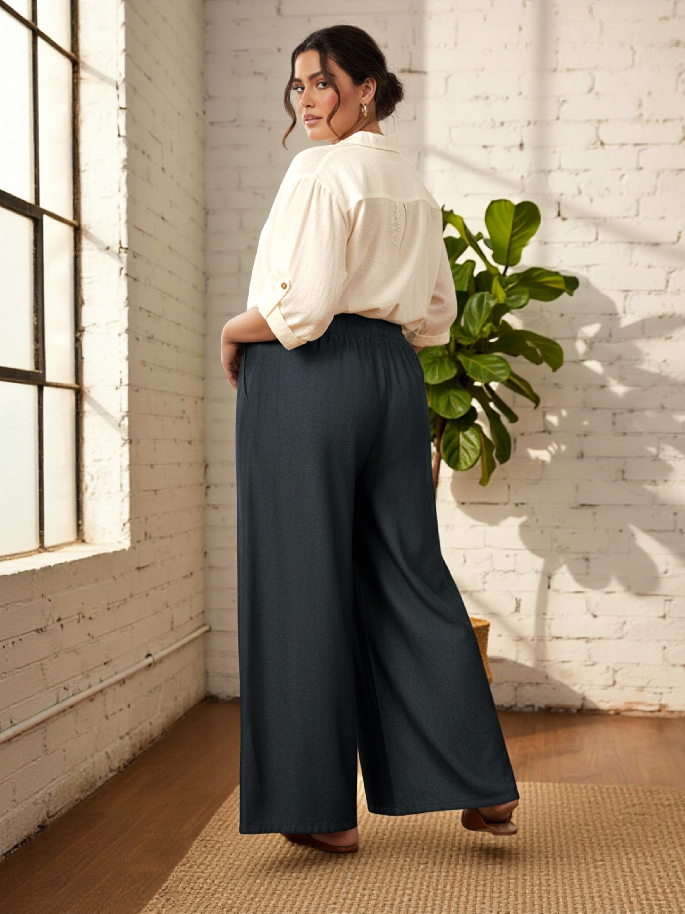 Plus Size Black Floral Patchwork Wide-Leg Trousers