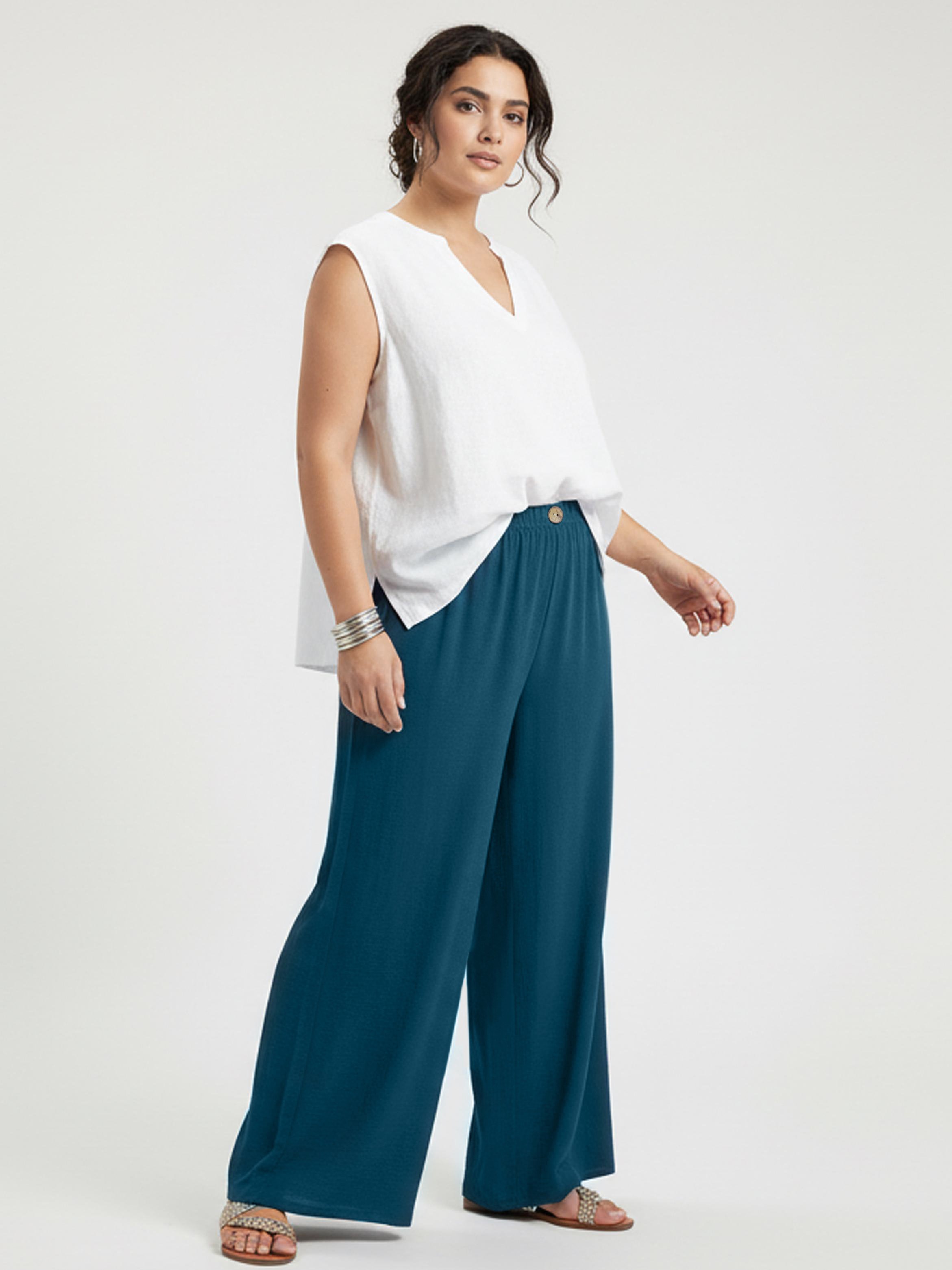 Plus Size Blue Button Detail Wide Leg Trousers