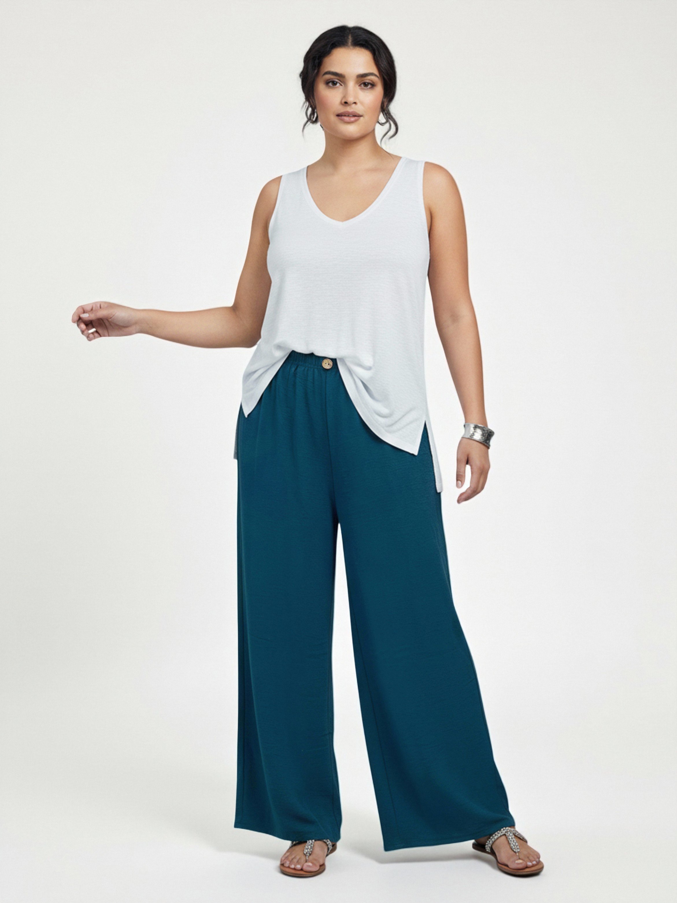 Plus Size Blue Button Detail Wide Leg Trousers