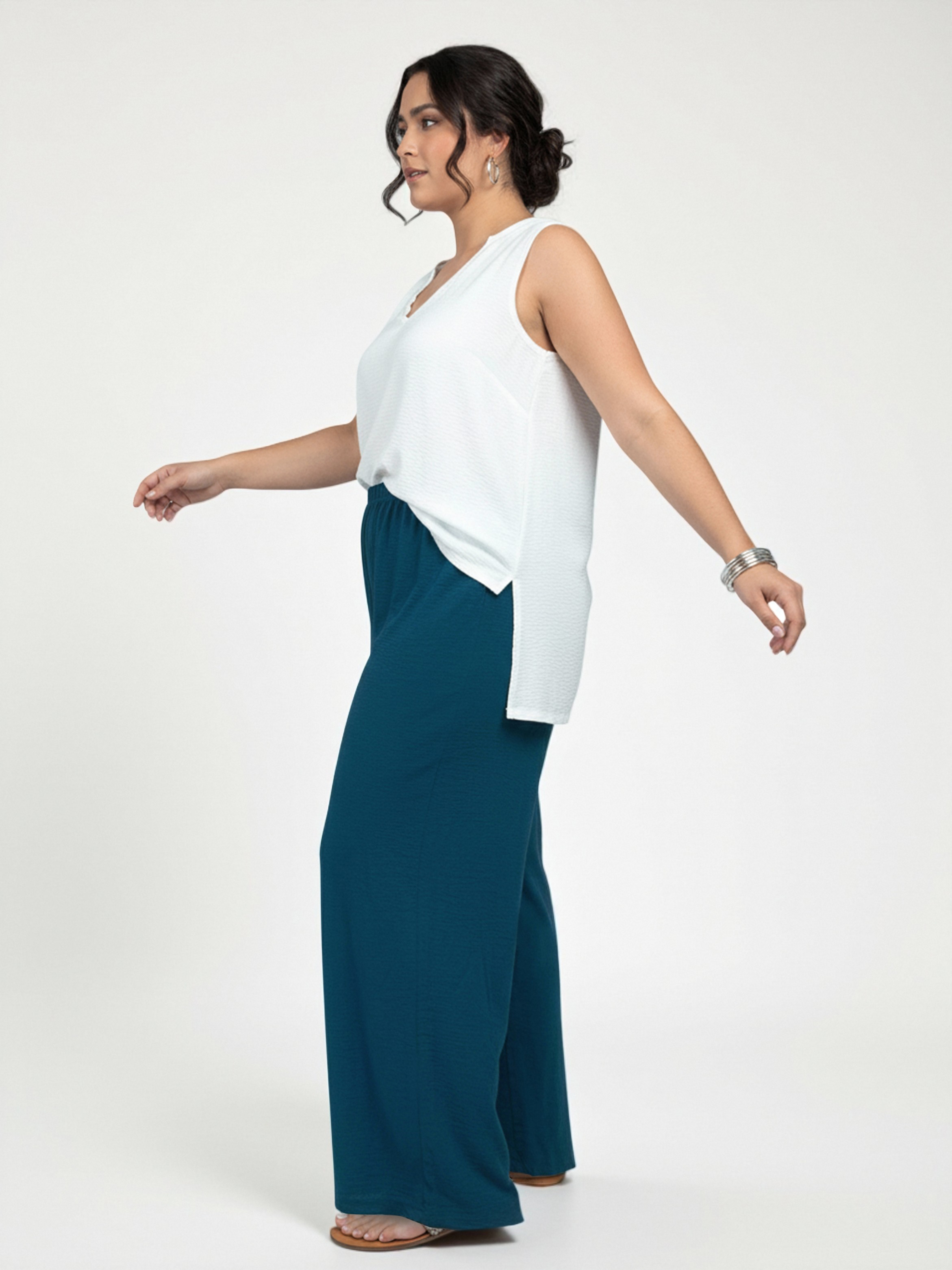 Plus Size Blue Button Detail Wide Leg Trousers