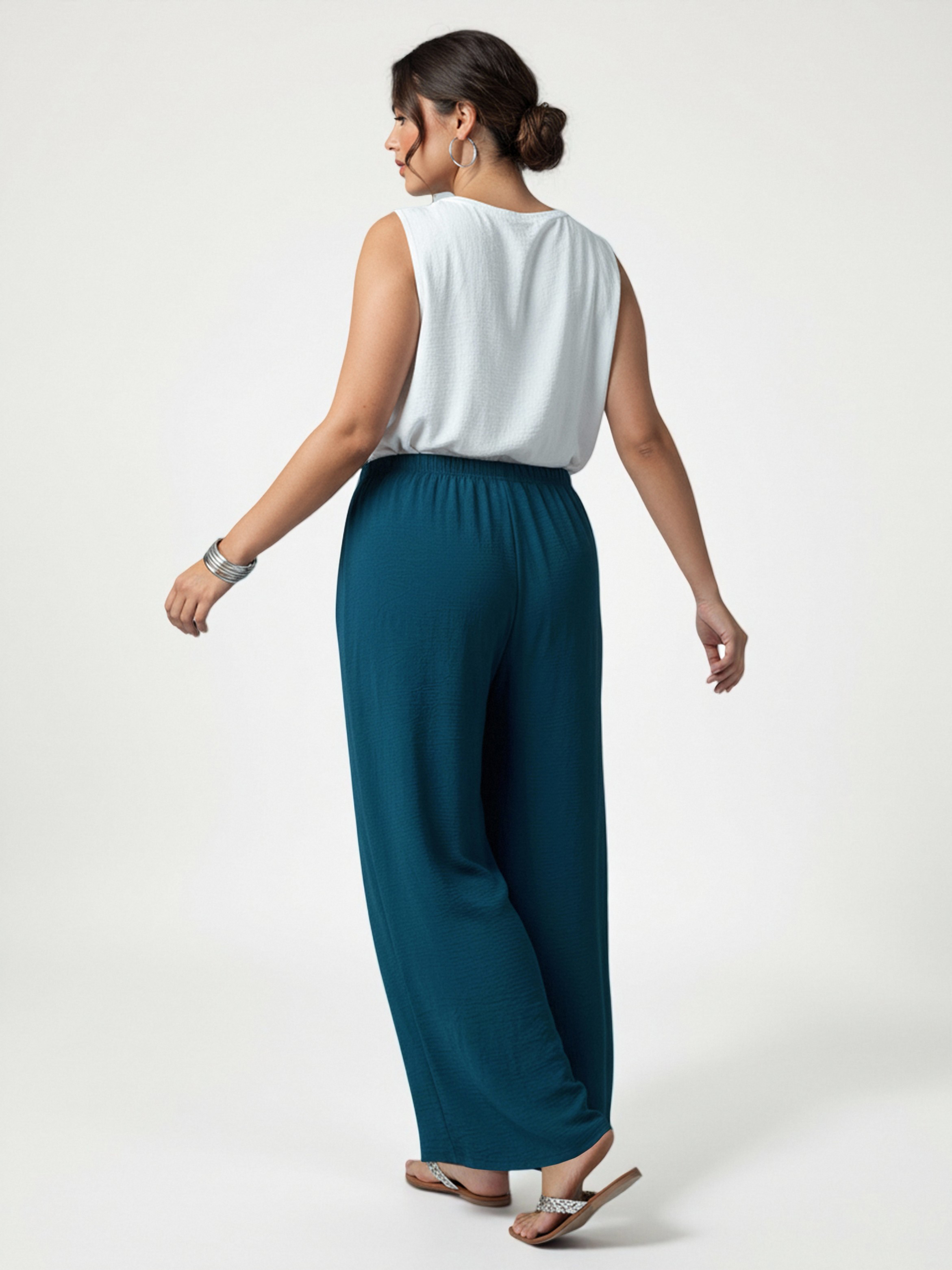 Plus Size Blue Button Detail Wide Leg Trousers