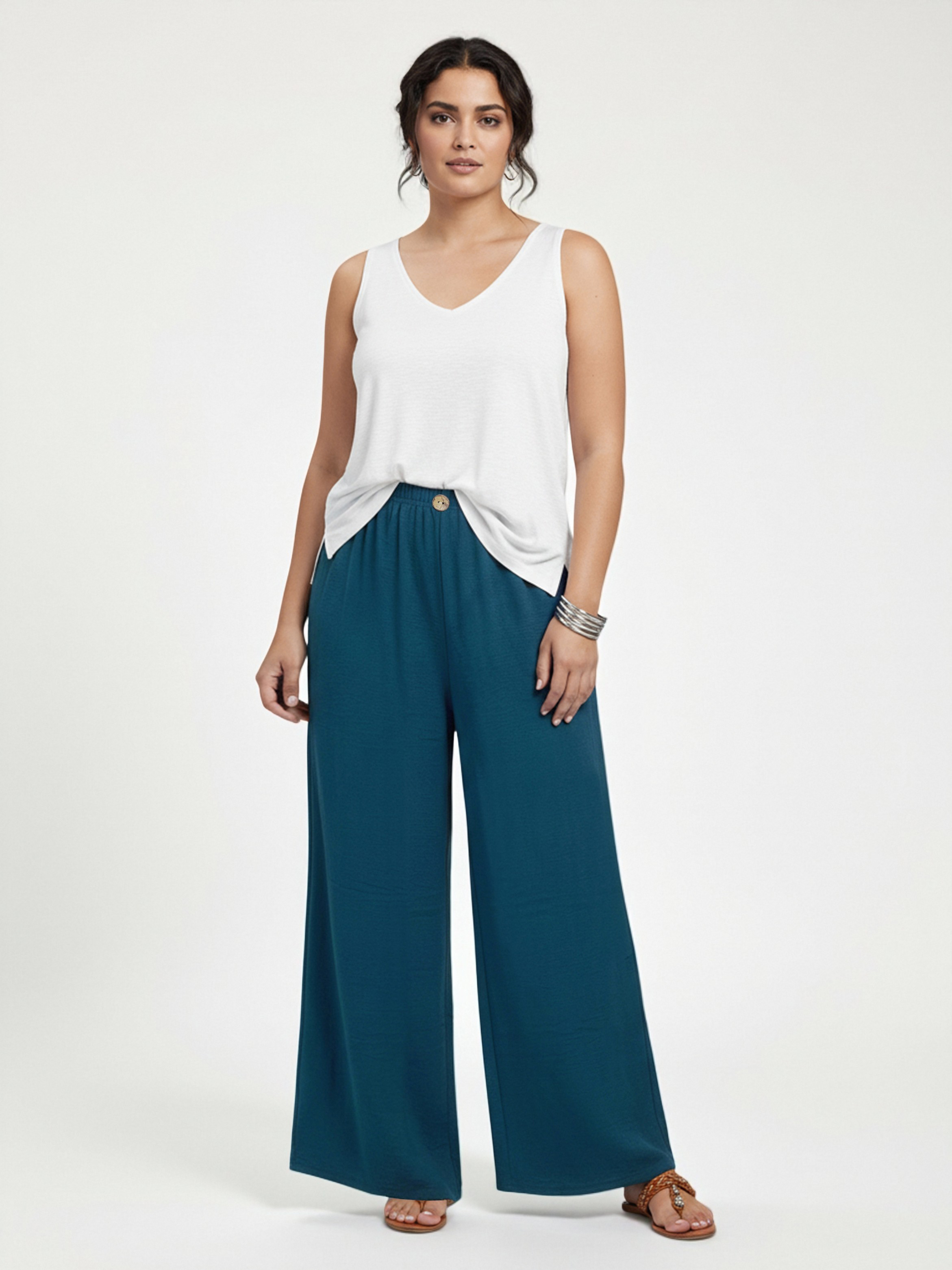 Plus Size Blue Button Detail Wide Leg Trousers