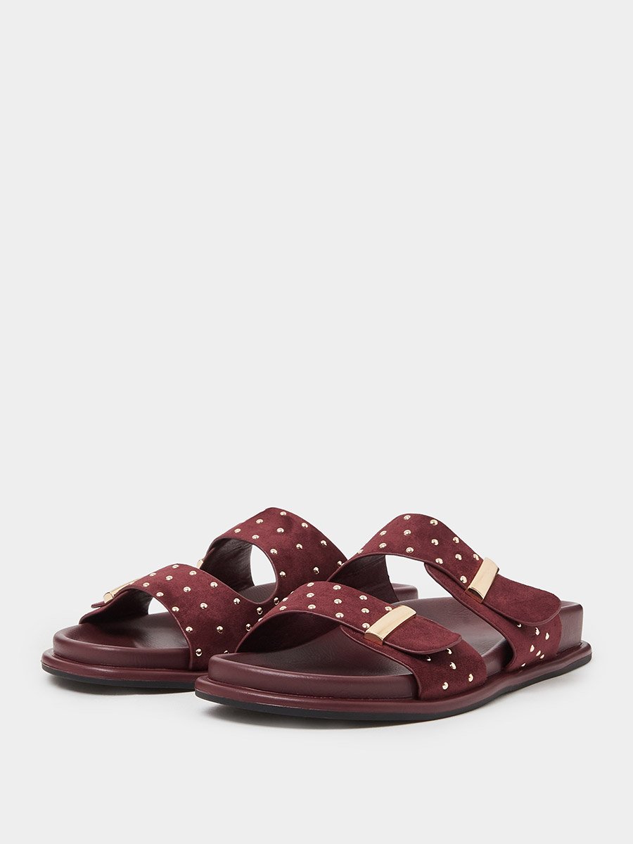 Burgundy Studded Flat Comfort Sandals