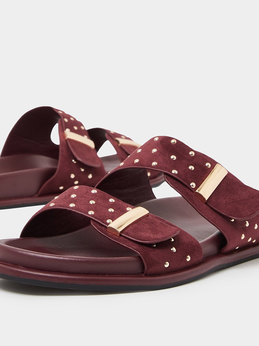 Burgundy Studded Flat Comfort Sandals