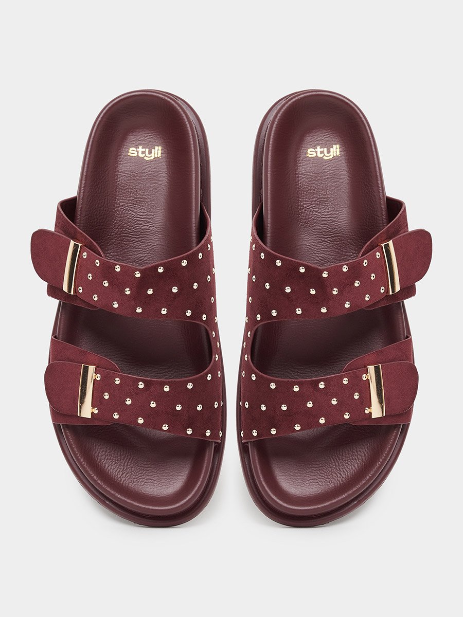 Burgundy Studded Flat Comfort Sandals