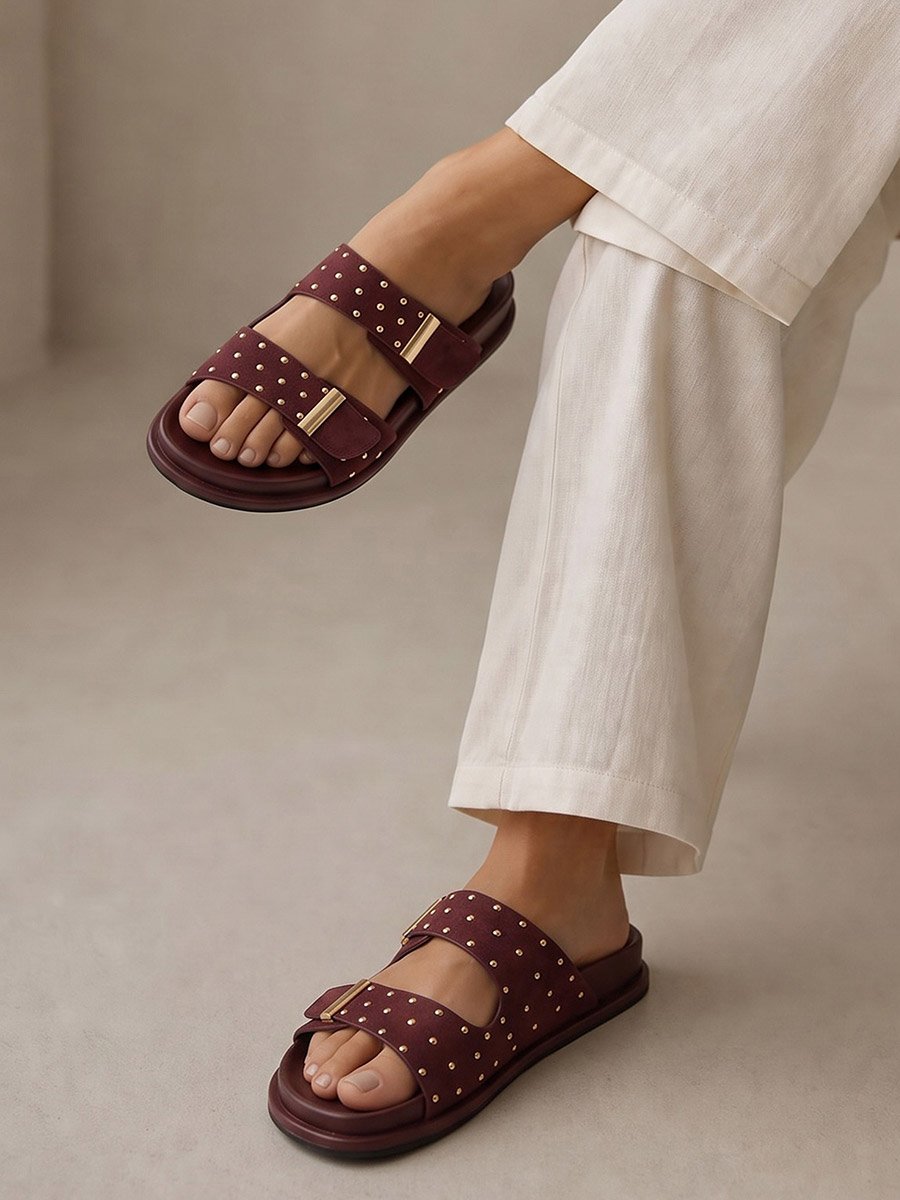Burgundy Studded Flat Comfort Sandals