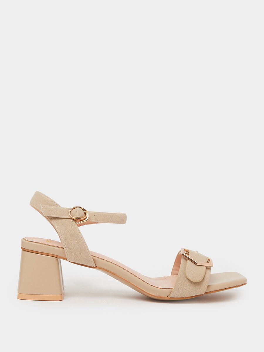 Beige Mid Block Heel Buckle Details Sandals