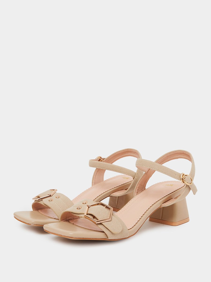 Beige Mid Block Heel Buckle Details Sandals