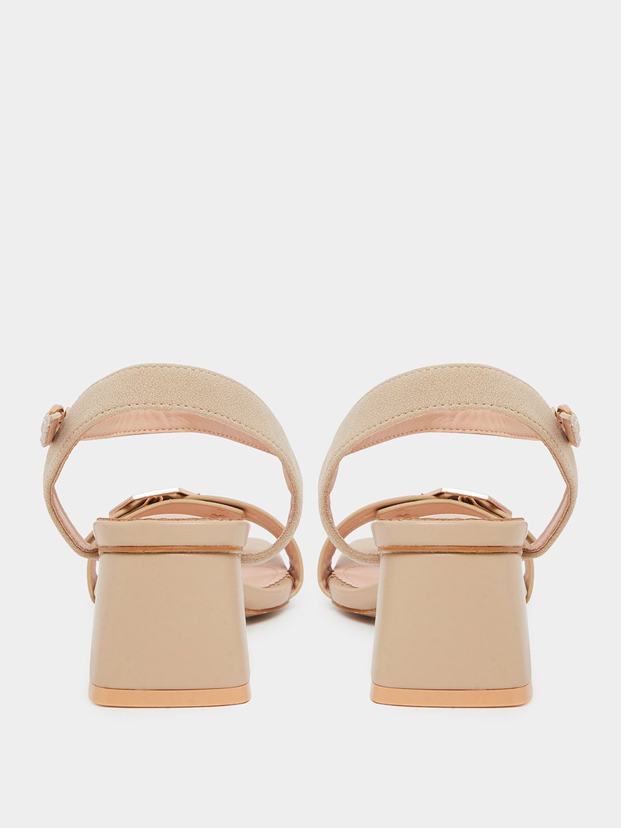Beige Mid Block Heel Buckle Details Sandals