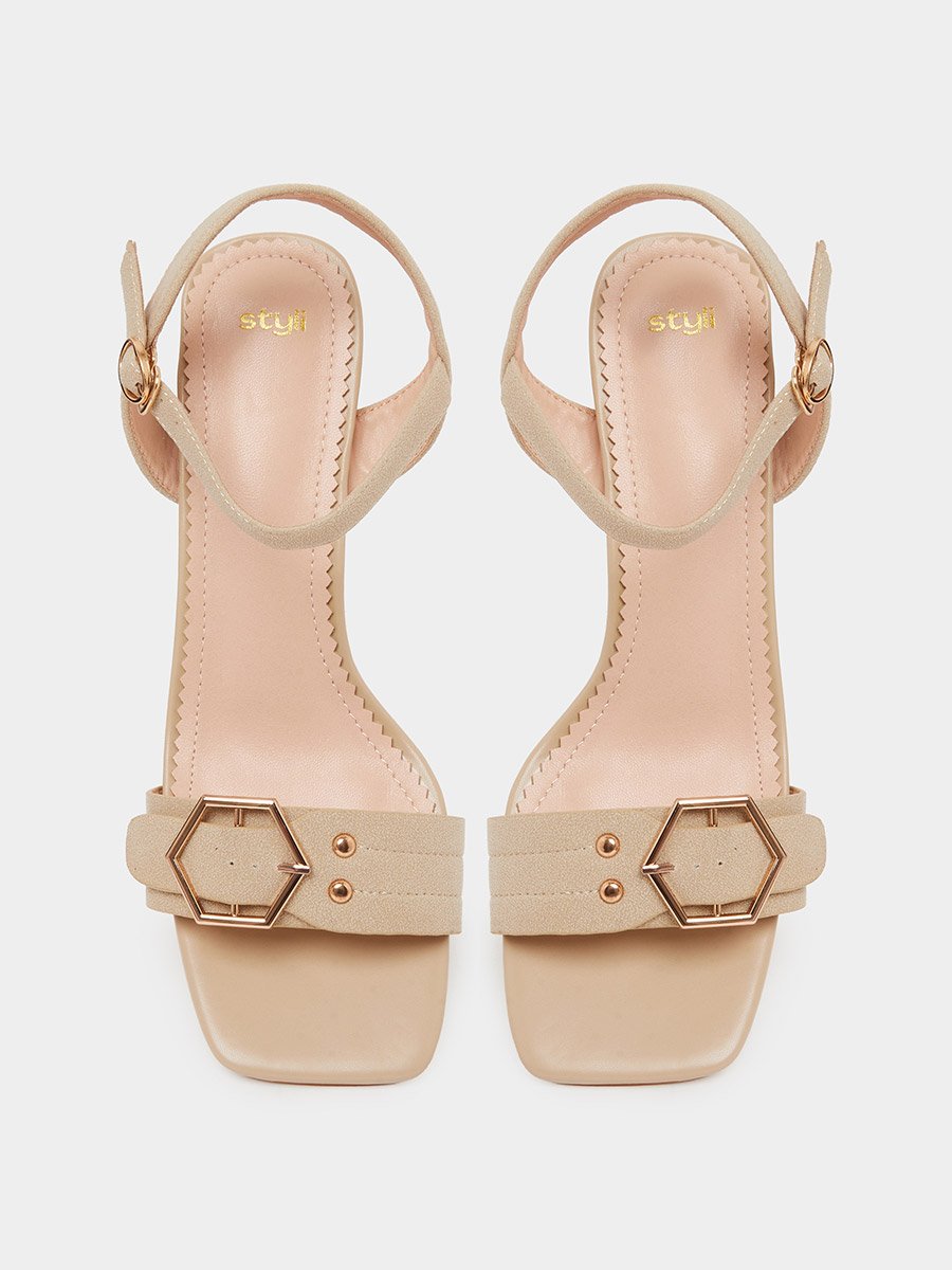 Beige Mid Block Heel Buckle Details Sandals