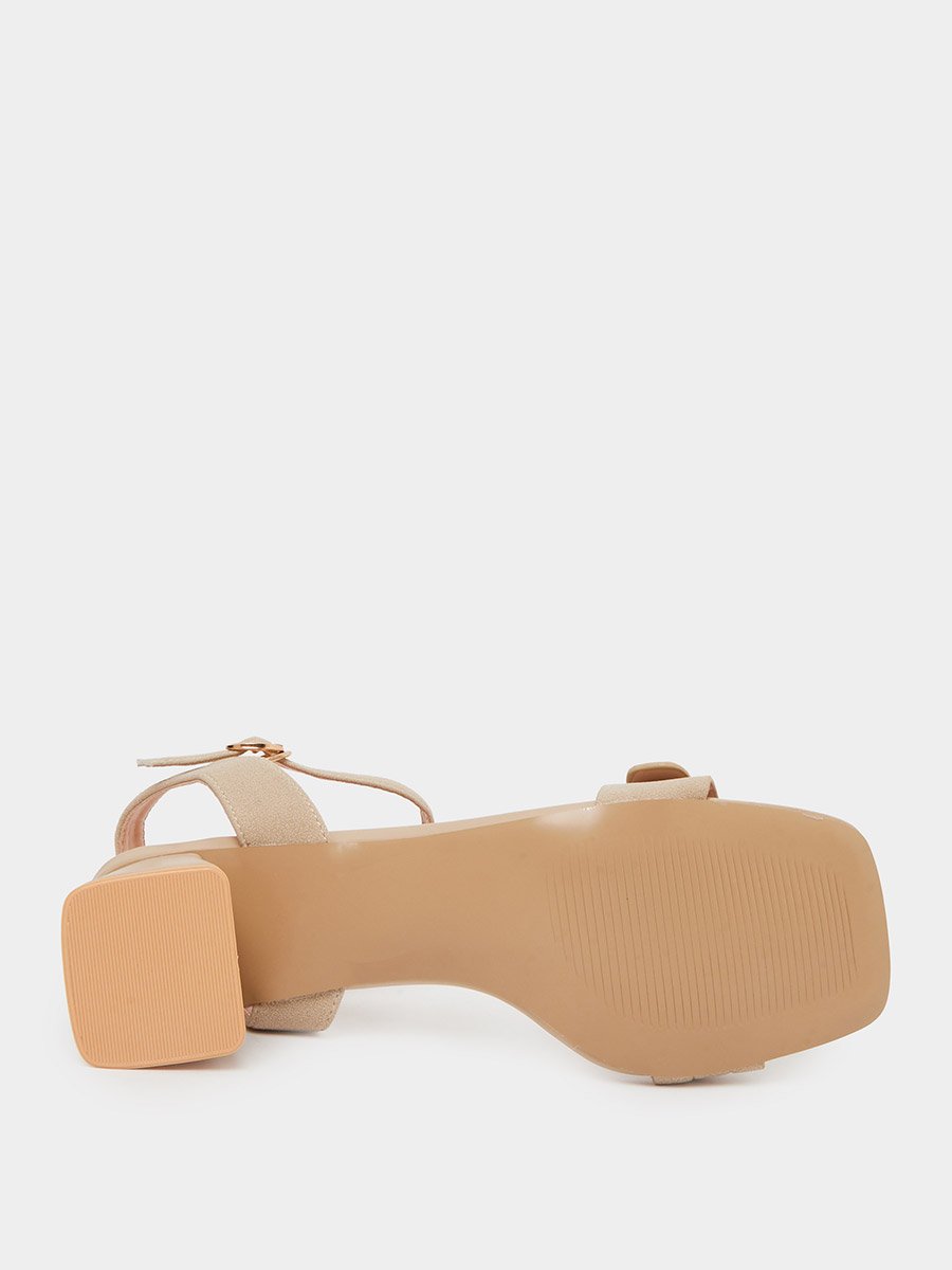 Beige Mid Block Heel Buckle Details Sandals