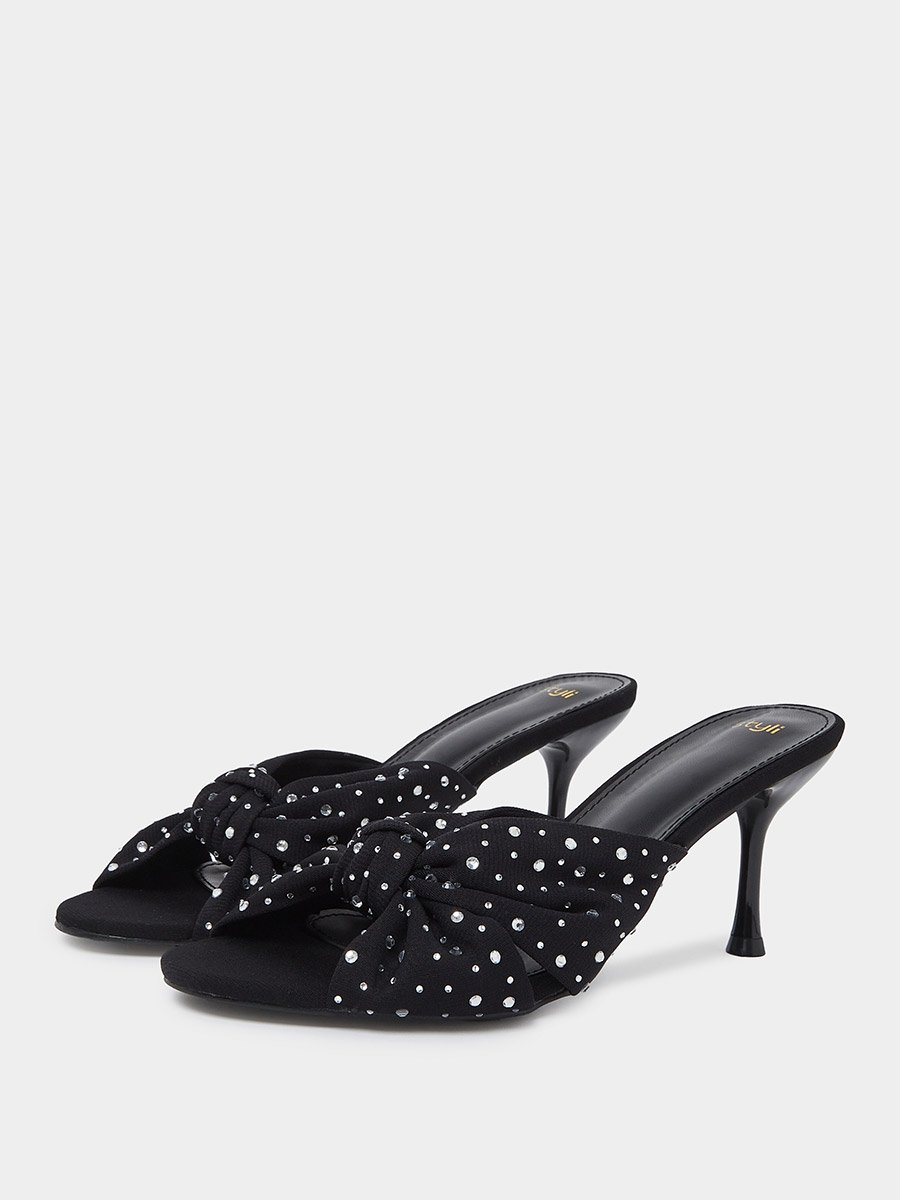 Black Sequin Embellished High Heel Mules