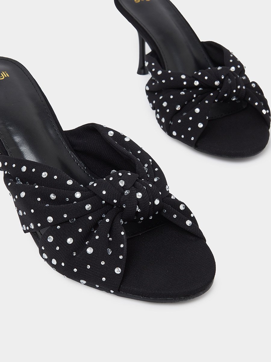 Black Sequin Embellished High Heel Mules
