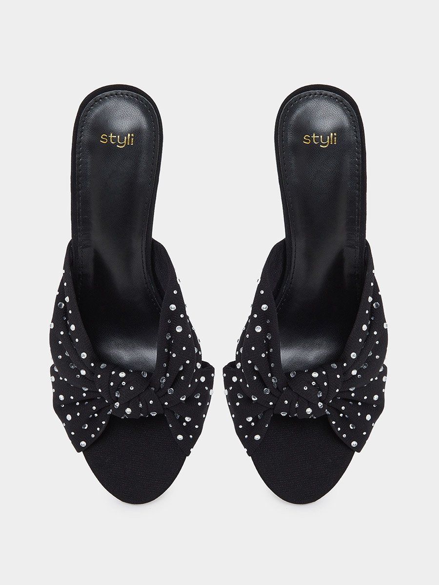 Black Sequin Embellished High Heel Mules