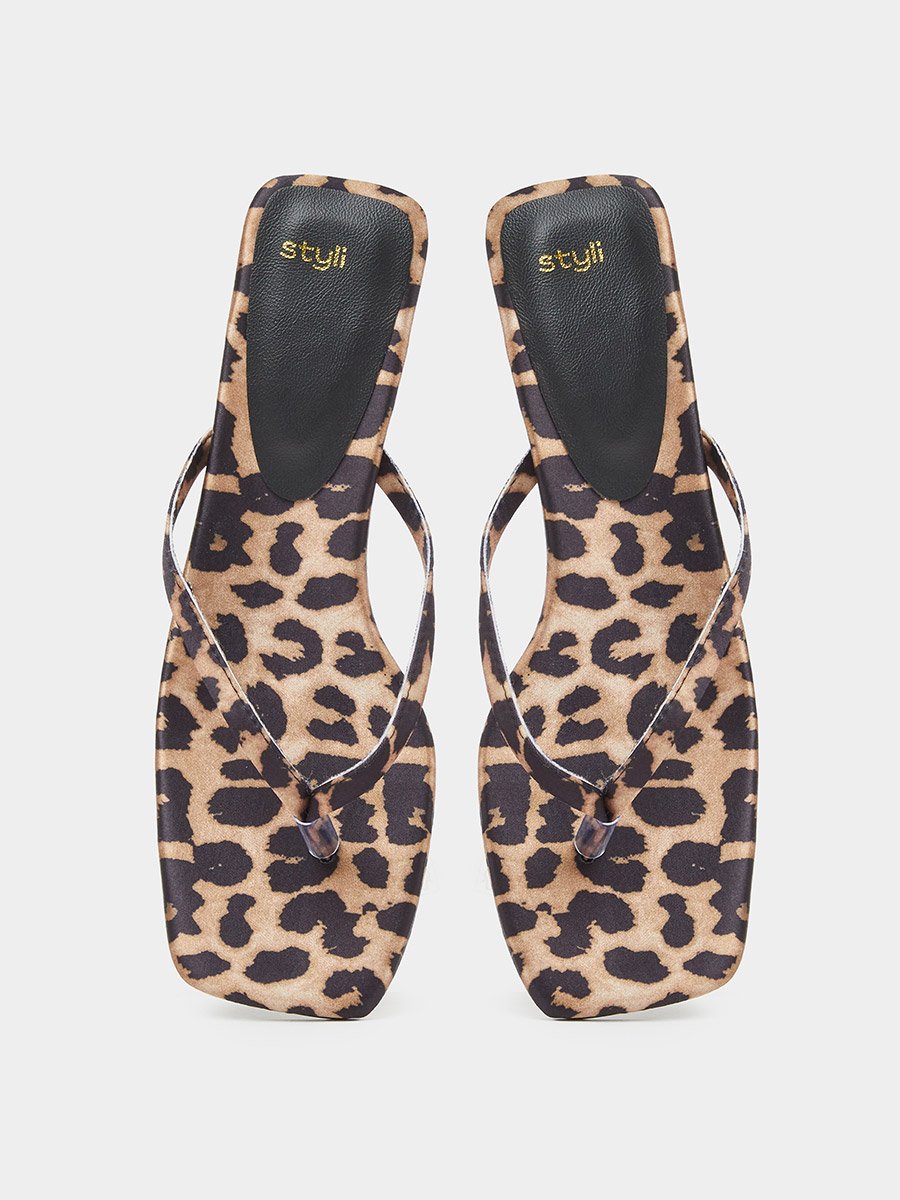 Leopard Print Kitten Heel Thong Sandals