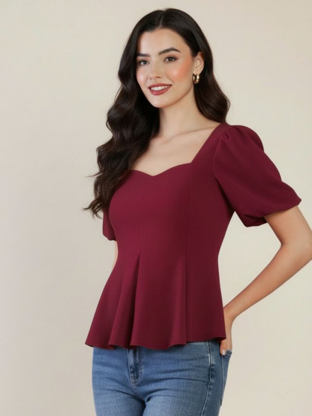 Stretchable Puff Sleeve Peplum Top