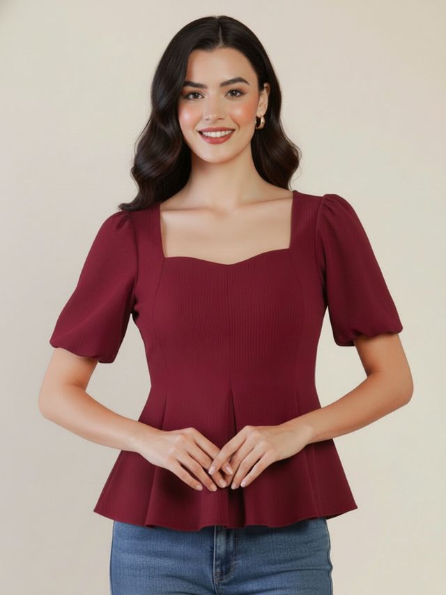 Stretchable Puff Sleeve Peplum Top