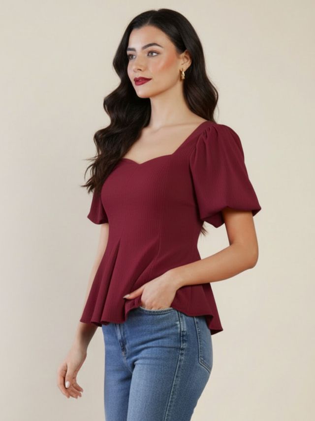 Stretchable Puff Sleeve Peplum Top