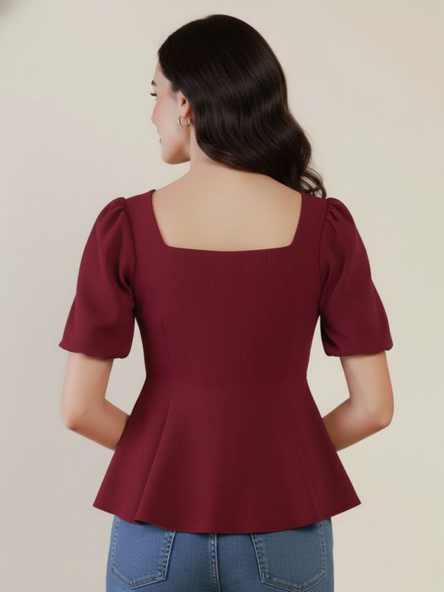 Stretchable Puff Sleeve Peplum Top