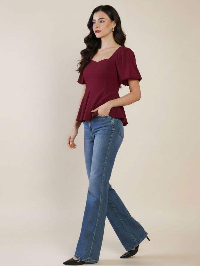 Stretchable Puff Sleeve Peplum Top