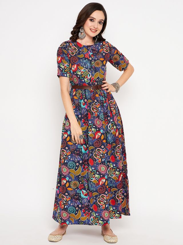 Printed Maxi Dress with Belt