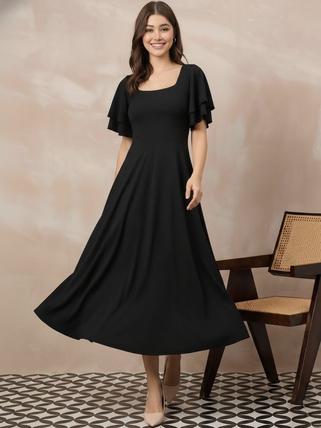 Stretchable Layered Sleeve Fit And Flare Midi Dress