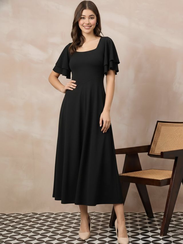 Stretchable Layered Sleeve Fit And Flare Midi Dress