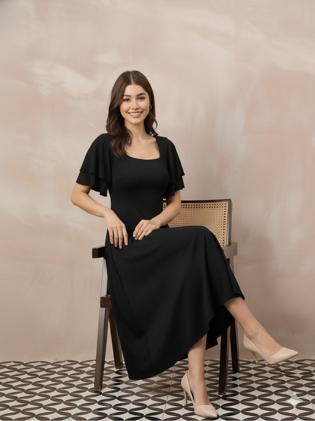 Stretchable Layered Sleeve Fit And Flare Midi Dress