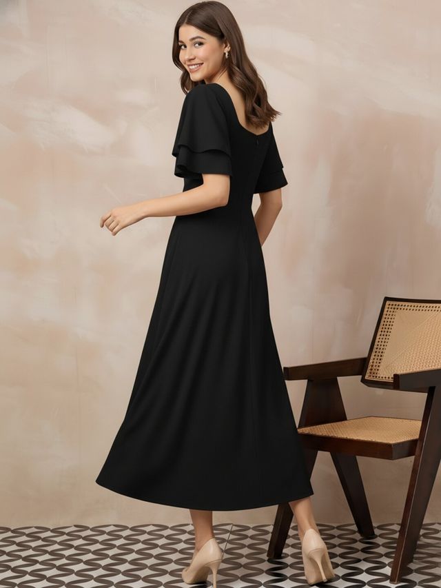 Stretchable Layered Sleeve Fit And Flare Midi Dress